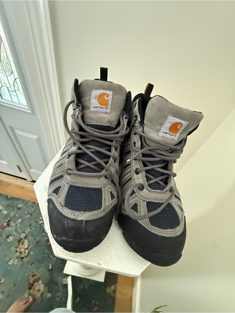 Carhartt Gray and Black Work hiking Boots with Orange Logo Patch Mens 10.5 M